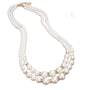 Ensemble composé d'un collier de perles doubles (fausses), avec strass, et de boucles d'oreilles.